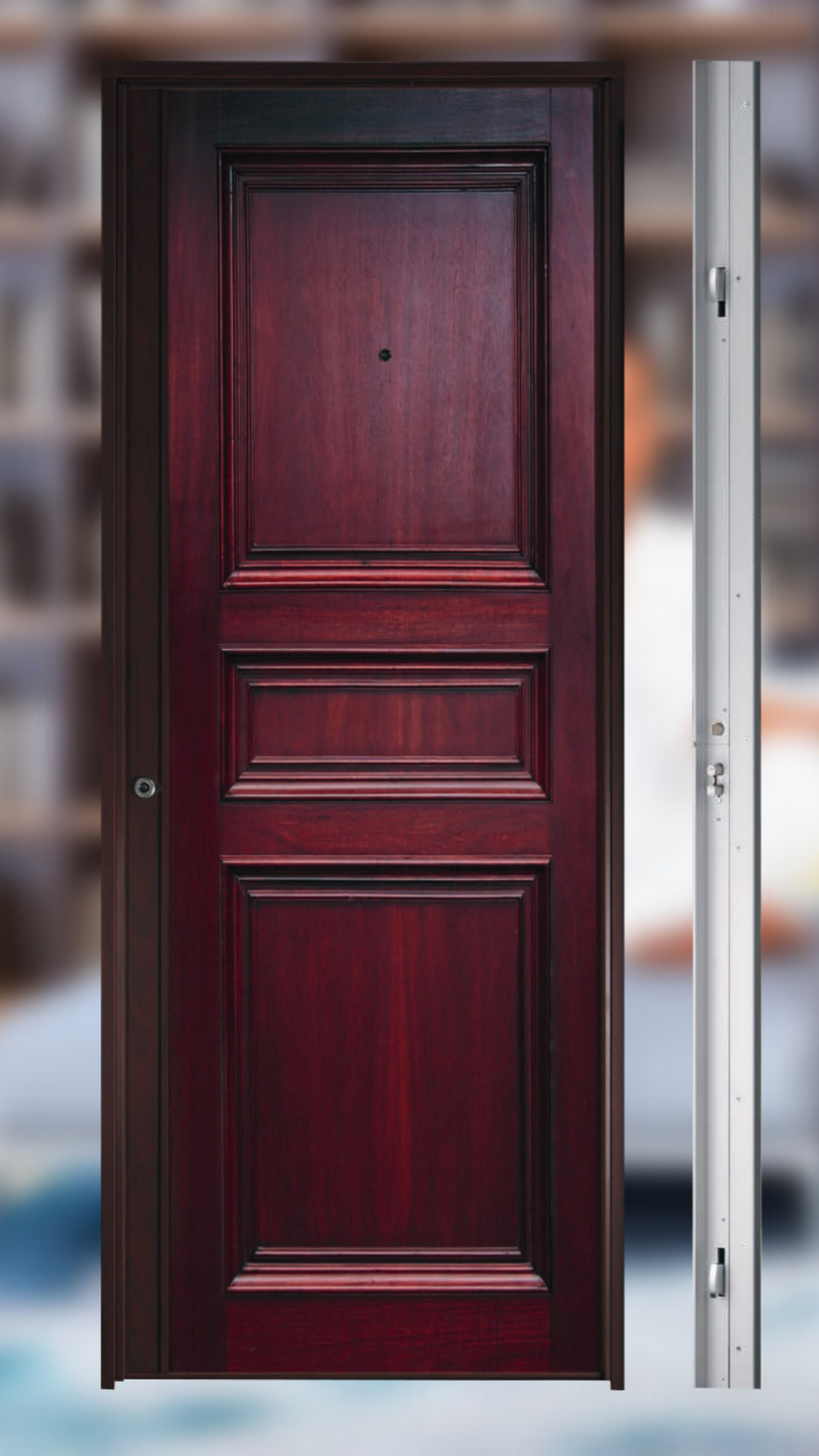 Porte blindée en bois de teinte rouge.