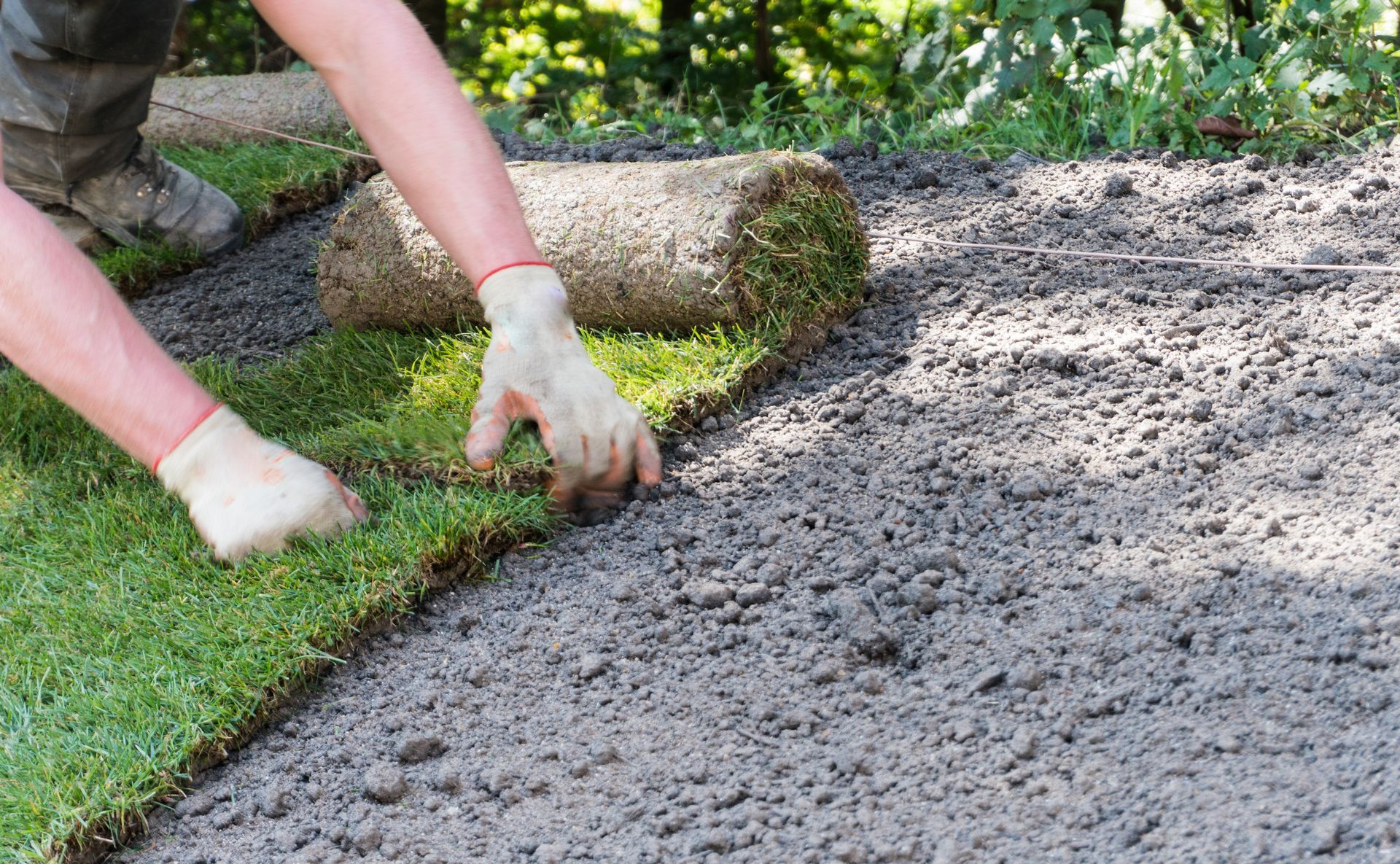 Des mains répandent du gravier gris en bordure d'une pelouse verte.