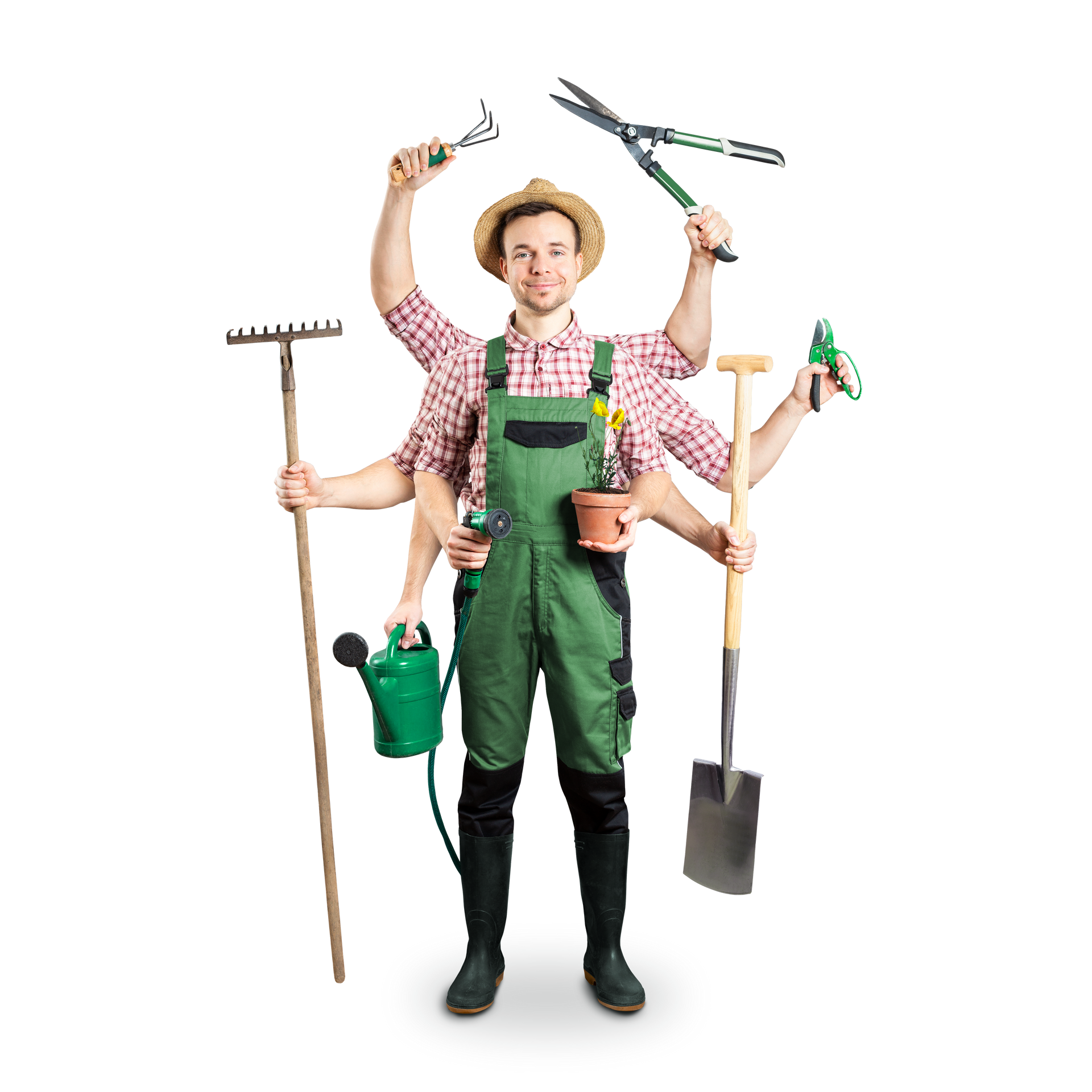 Une personne en salopette verte tenant des outils de jardinage, avec un râteau, une pelle, un arrosoir et un sécateur autour d'elle