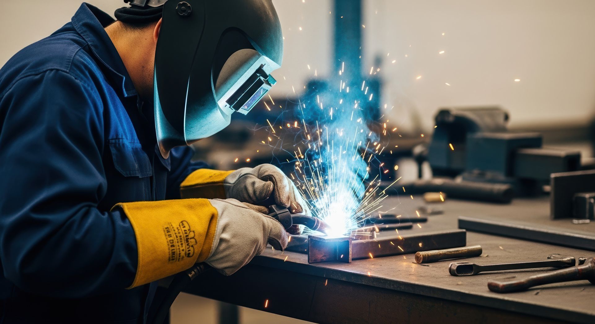 Soudeur portant un masque, soudant du métal sur un établi.