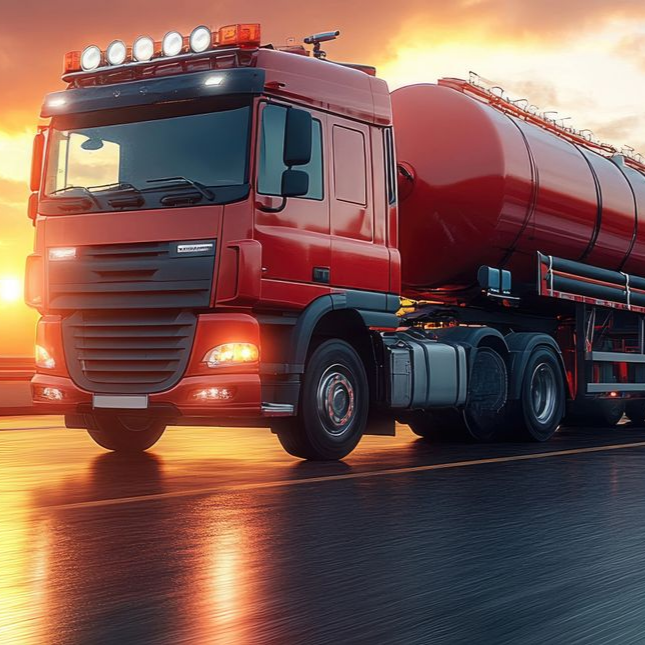 Camion-citerne rouge circulant sur une route au coucher du soleil.