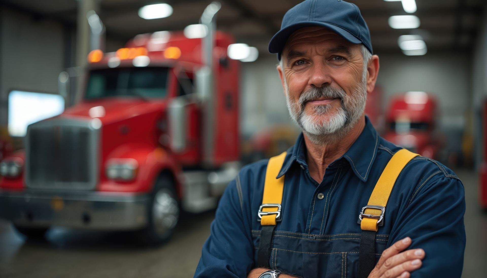 Un homme portant une casquette et une salopette se tient debout, les bras croisés, avec un semi-remorque rouge en arrière-plan.