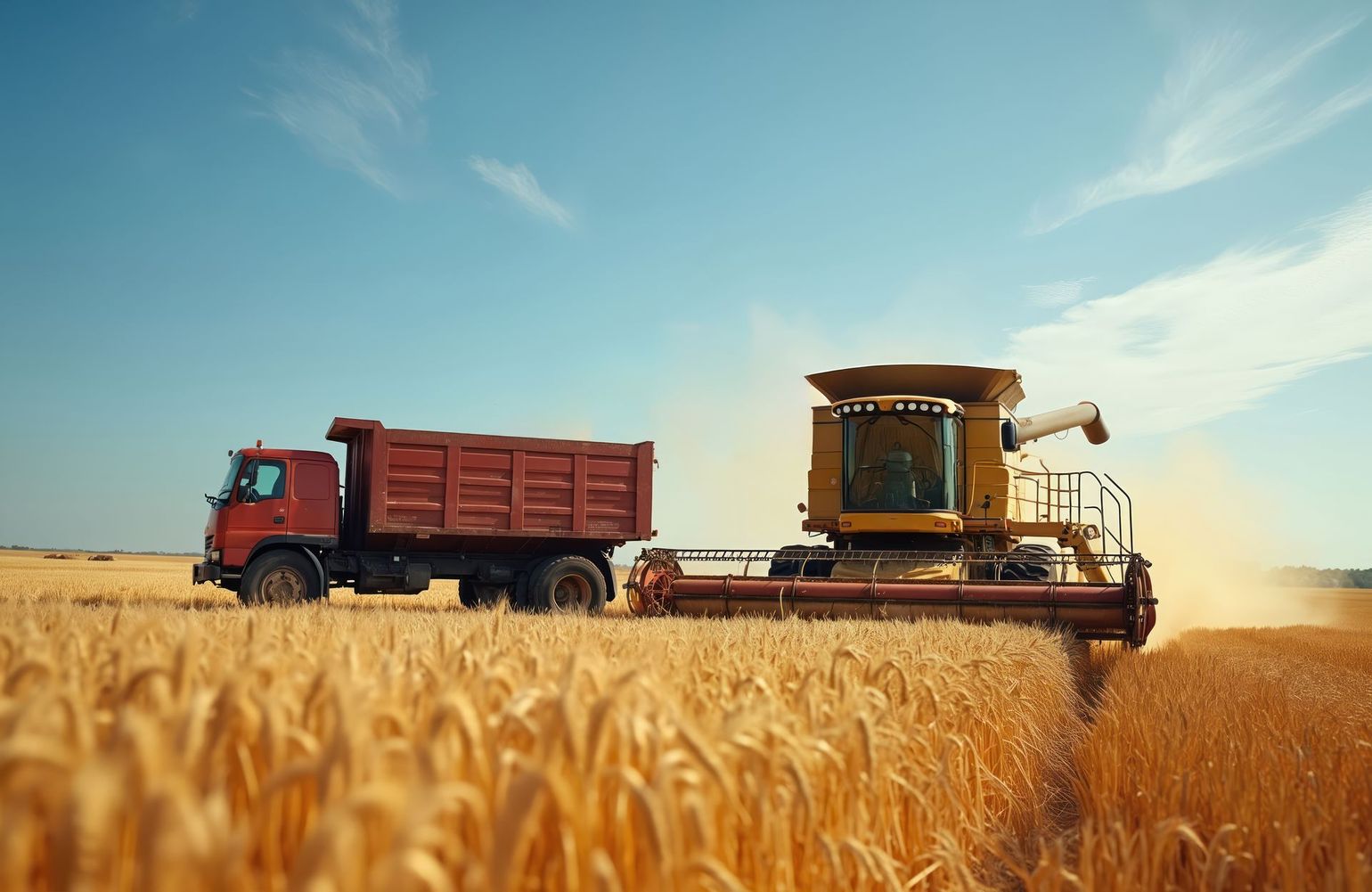 Moissonneuse-batteuse récoltant un champ de blé, à côté d'un camion à benne basculante rouge sous un ciel bleu.
