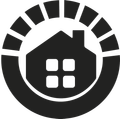 Logo circulaire noir avec une maison blanche et quatre fenêtres à l'intérieur d'un anneau segmenté