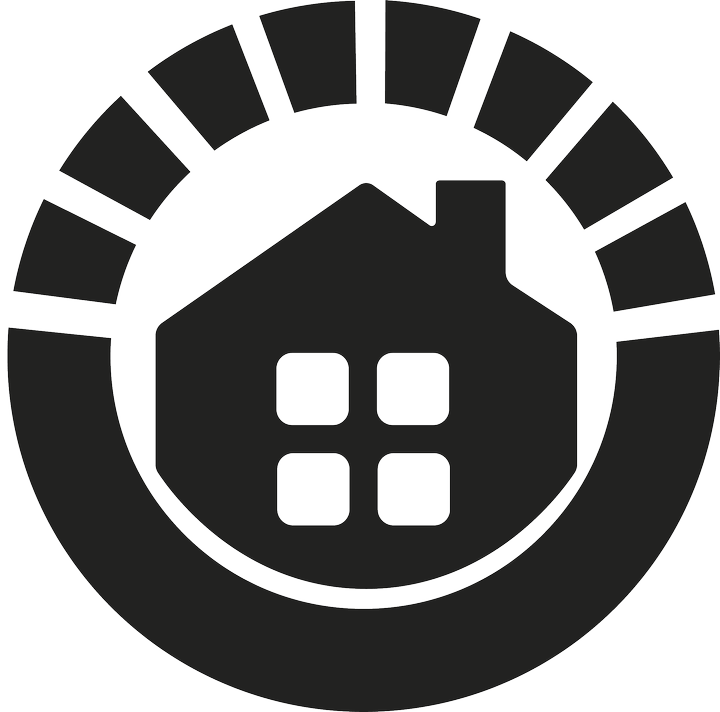 Logo circulaire noir avec une maison blanche et quatre fen&ecirc;tres &agrave; l'int&eacute;rieur d'un anneau segment&eacute;