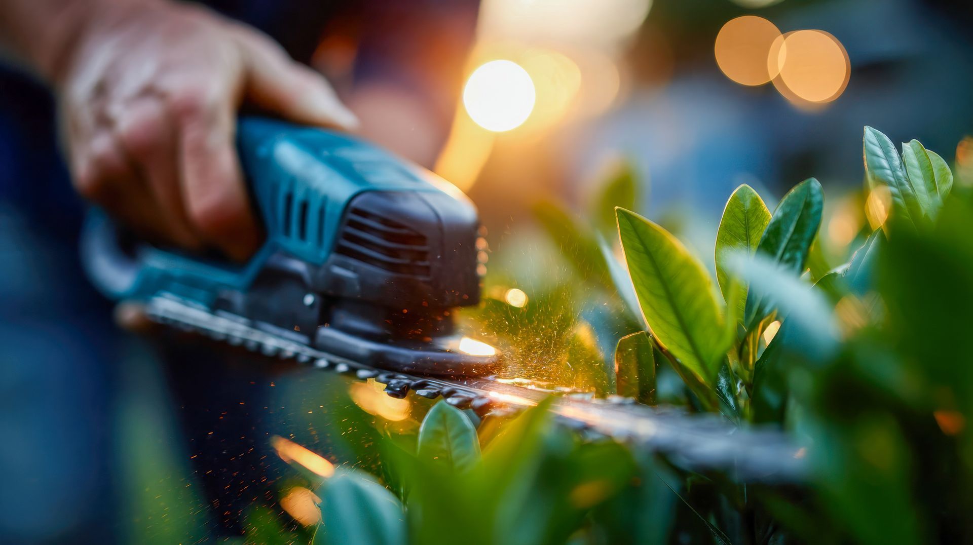 Une personne taille des plantes vertes avec un taille-haie électrique.