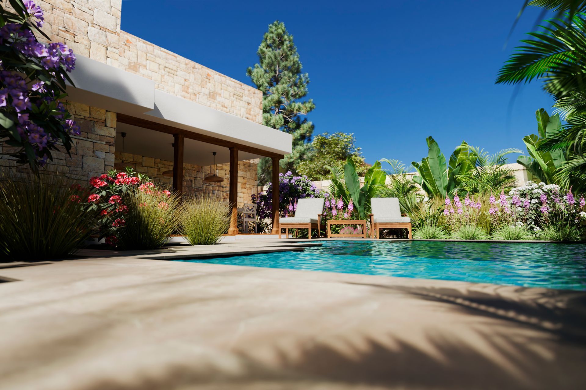 Luxueuse terrasse au bord de la piscine avec chaises longues, plantes tropicales et villa en pierre sous un ciel bleu azur.