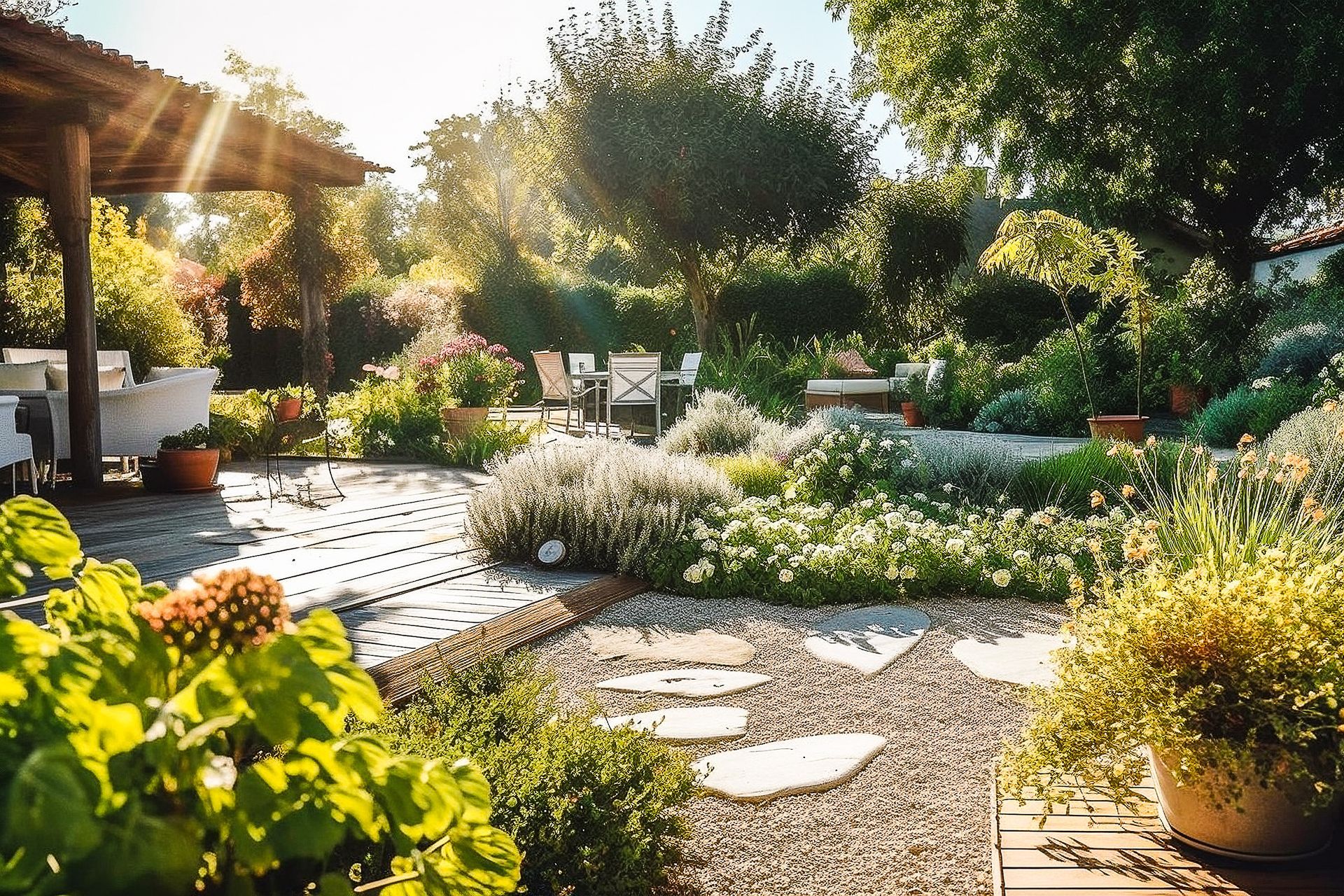 Patio de jardin ensoleillé avec chemin de pierre, parterres fleuris et végétation luxuriante autour d'une pergola