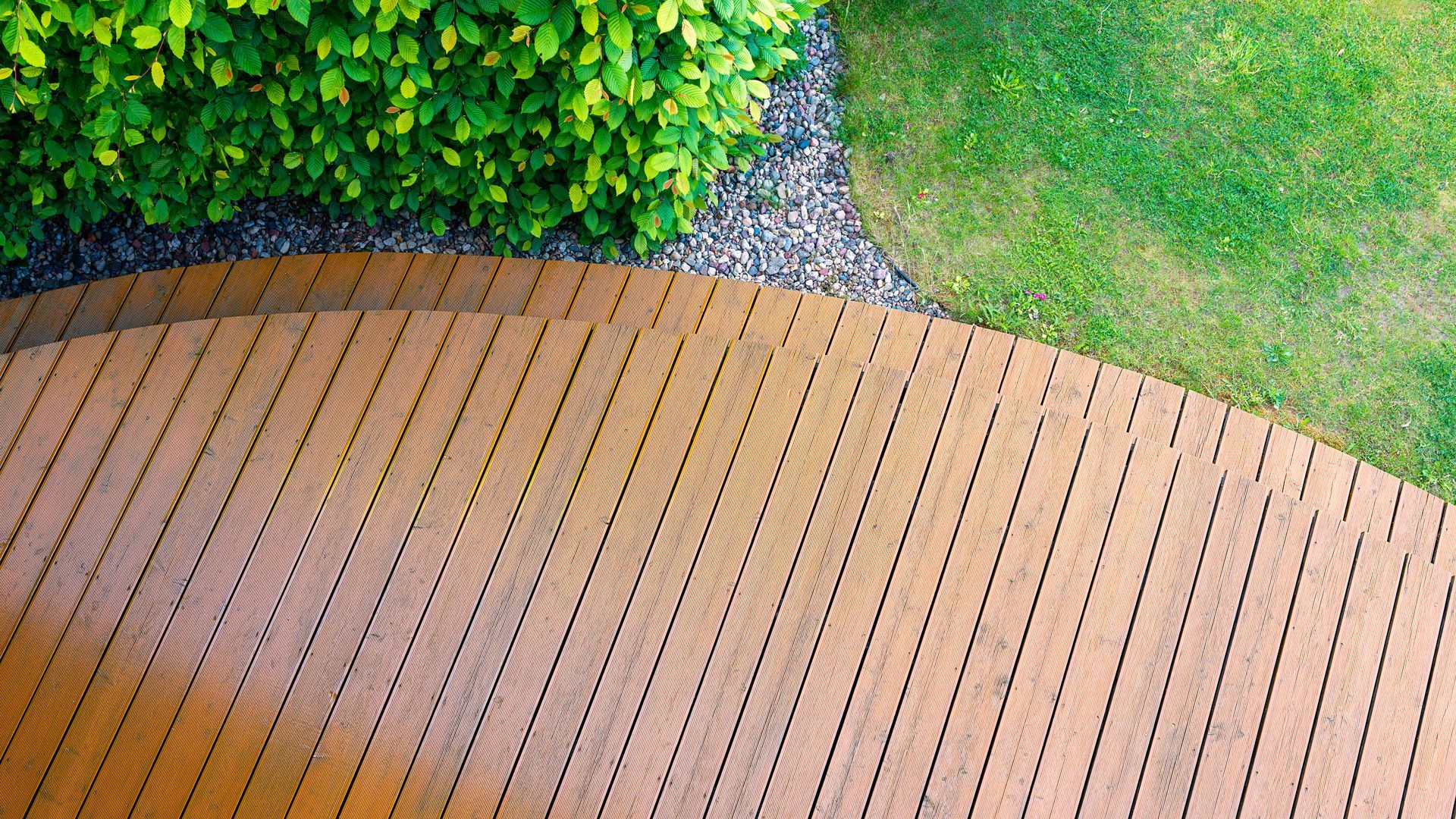 Terrasse en bois incurvée bordée de buissons verdoyants et de pelouse