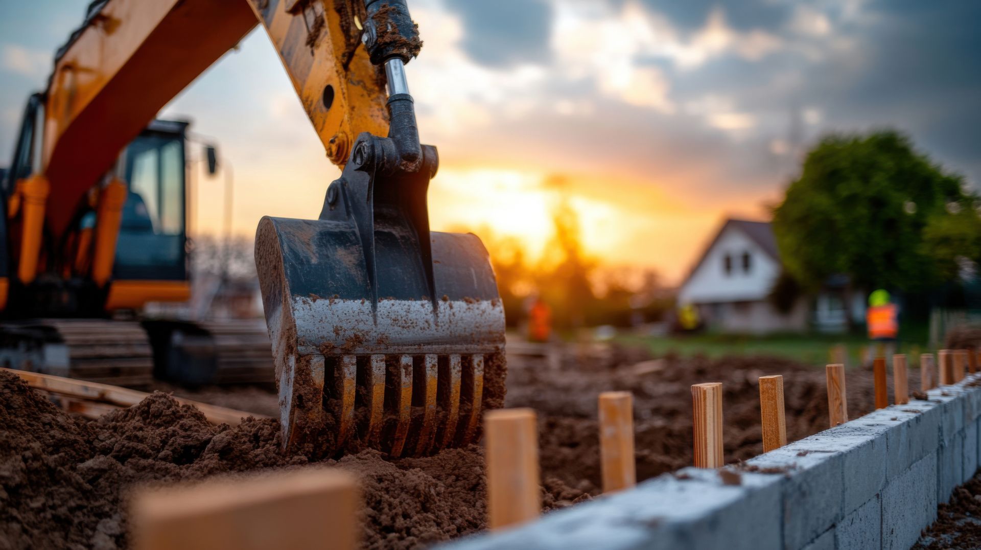 Une excavatrice creuse la terre à côté d'une fondation en béton au coucher du soleil sur un chantier de construction.