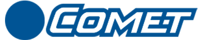 Ein blau-weißes Logo mit der Aufschrift „Komet“
