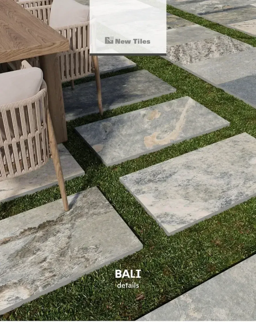 Baldosas de piedra sobre césped, entorno exterior, diseño balinés.