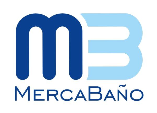 Logotipo de Mercabaño, empresa de artículos de baño. Una "M" azul oscuro y una "B" azul claro superpuestas