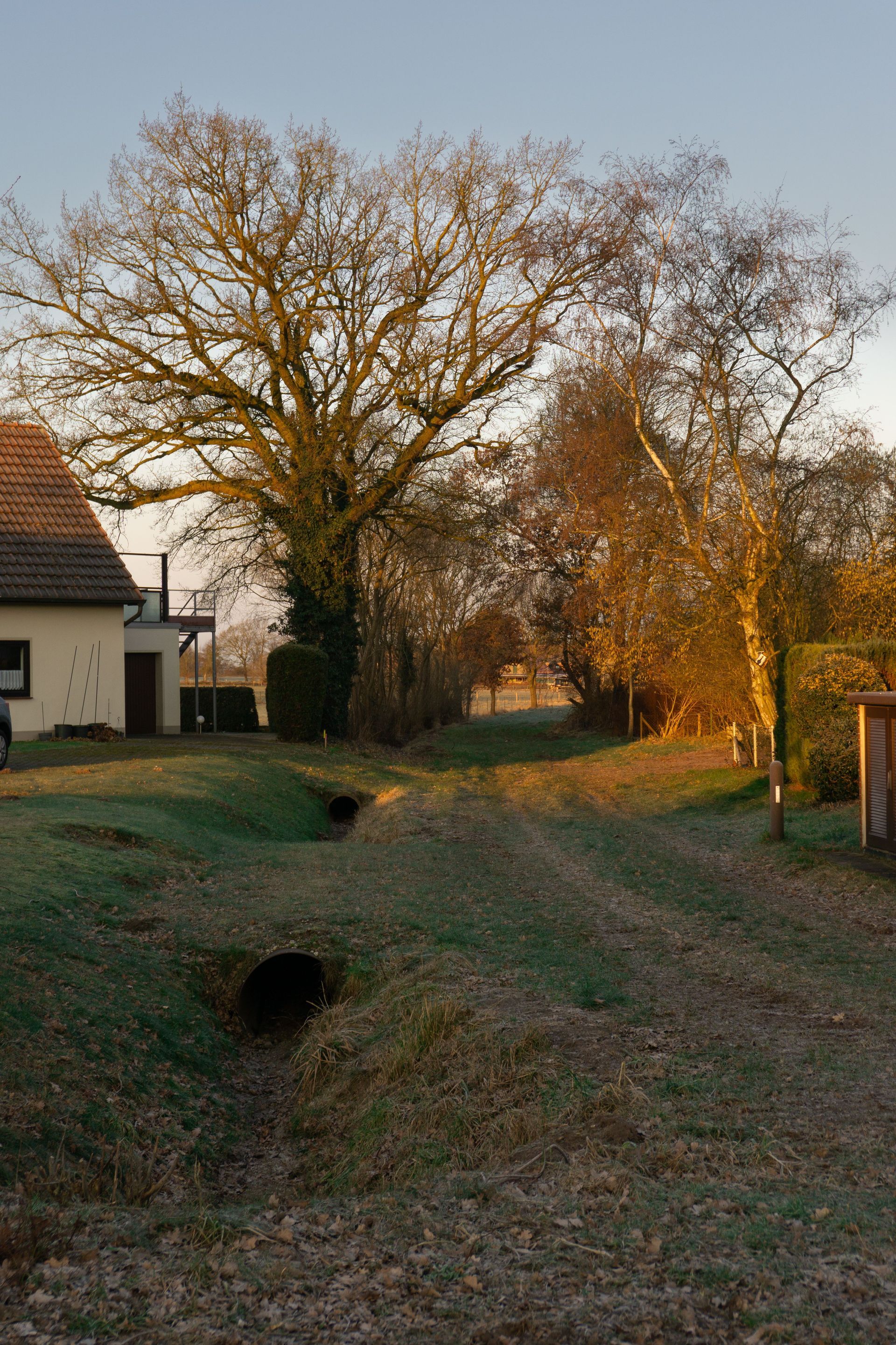 Chemin de campagne herbeux avec deux tuyaux de drainage