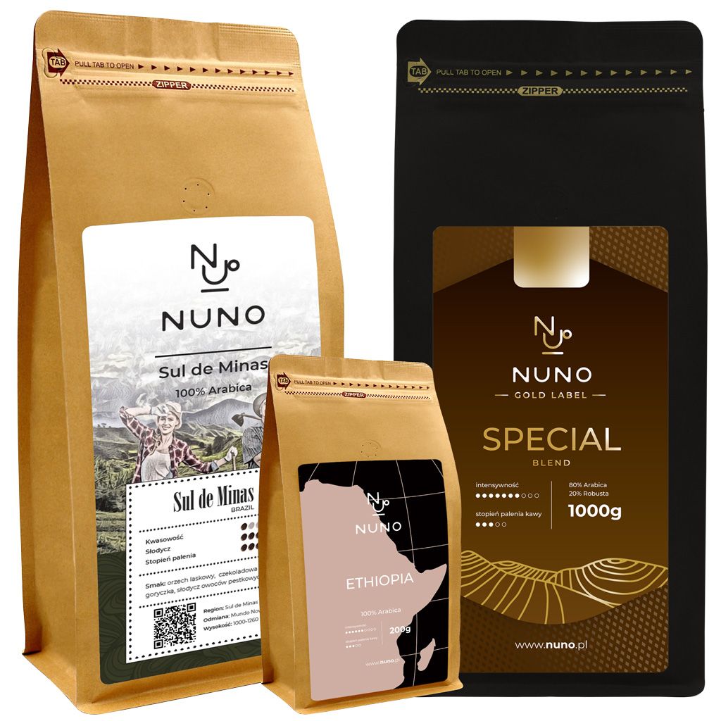 Drei Nuno-Kaffeebeutel in goldener, schwarzer und brauner Verpackung nebeneinander.