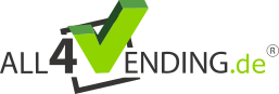 ALL4VENDING.de-Logo mit gr&uuml;nem H&auml;kchen und schwarzem Text auf wei&szlig;em Hintergrund