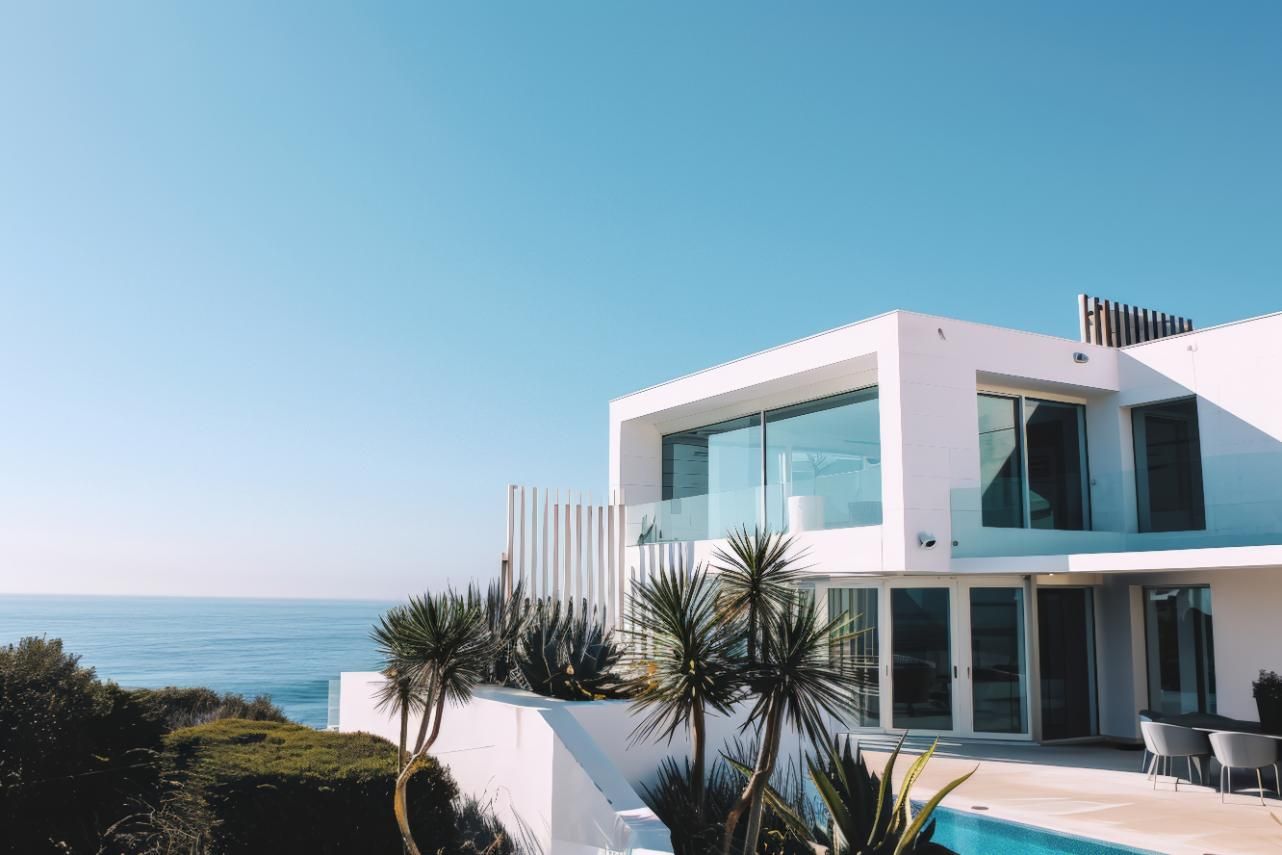Casa moderna blanca con vista al mar y cielo azul.
