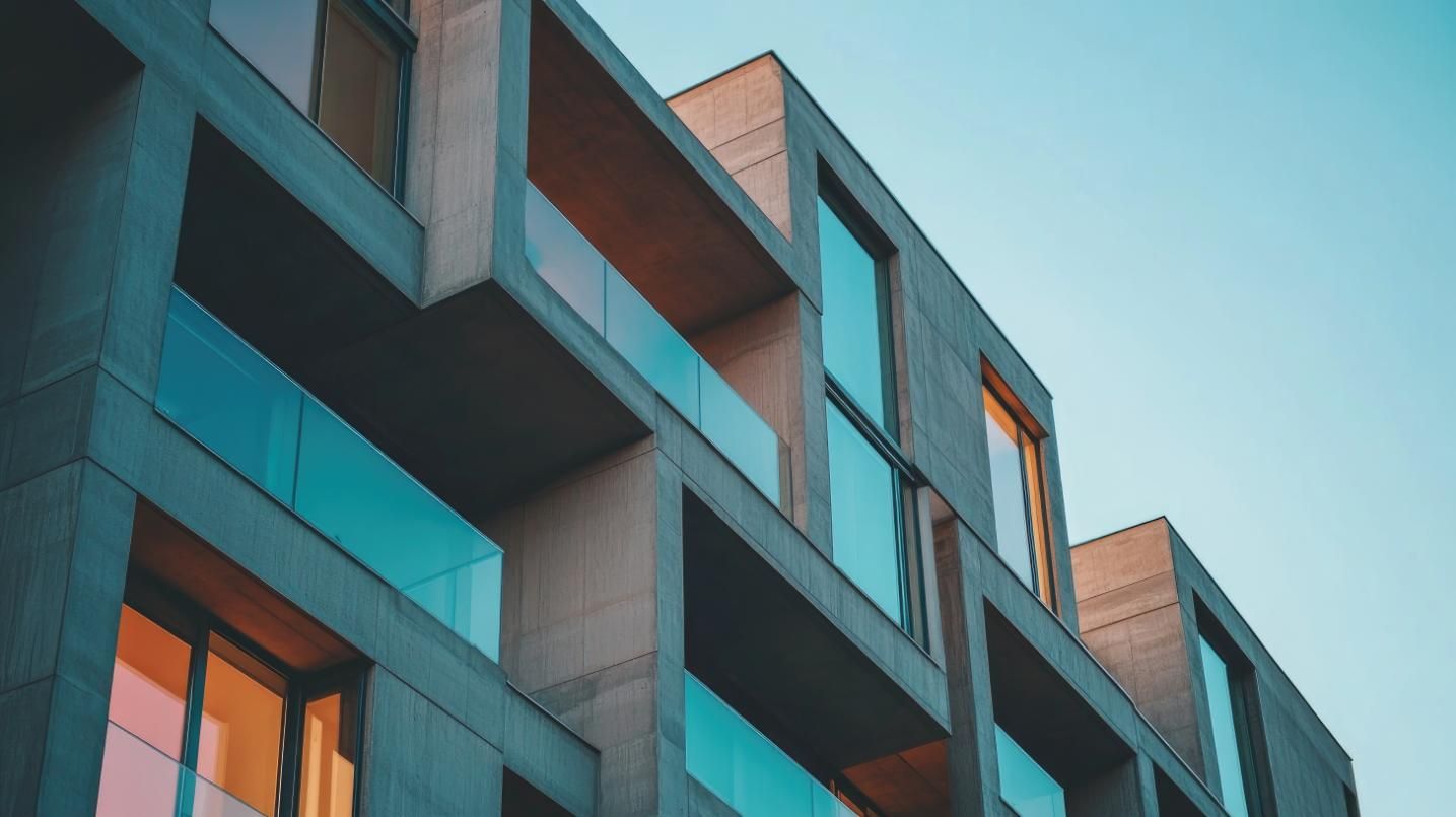 Edificio moderno de hormigón gris con ventanas rectangulares contra un cielo azul.