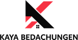 KAYA BEDACHUNGEN Logo mit einer stilisierten schwarz-roten Dachform über dem Firmennamen