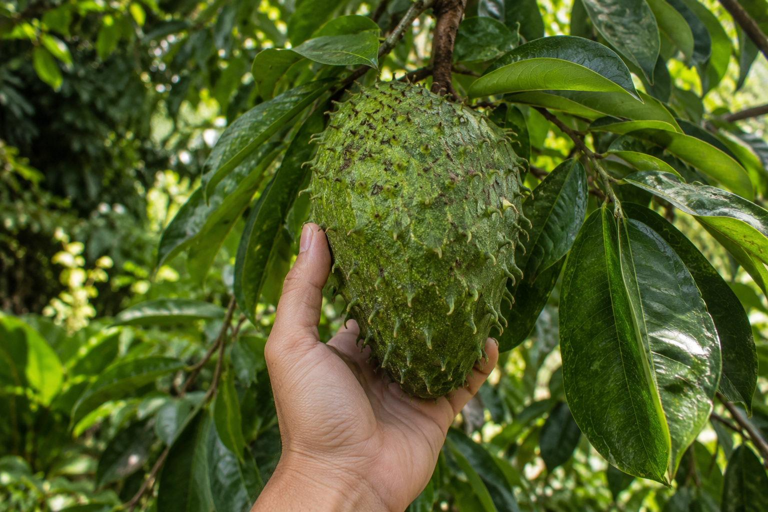 A hand holding tropical guanábana fruit among green leaves