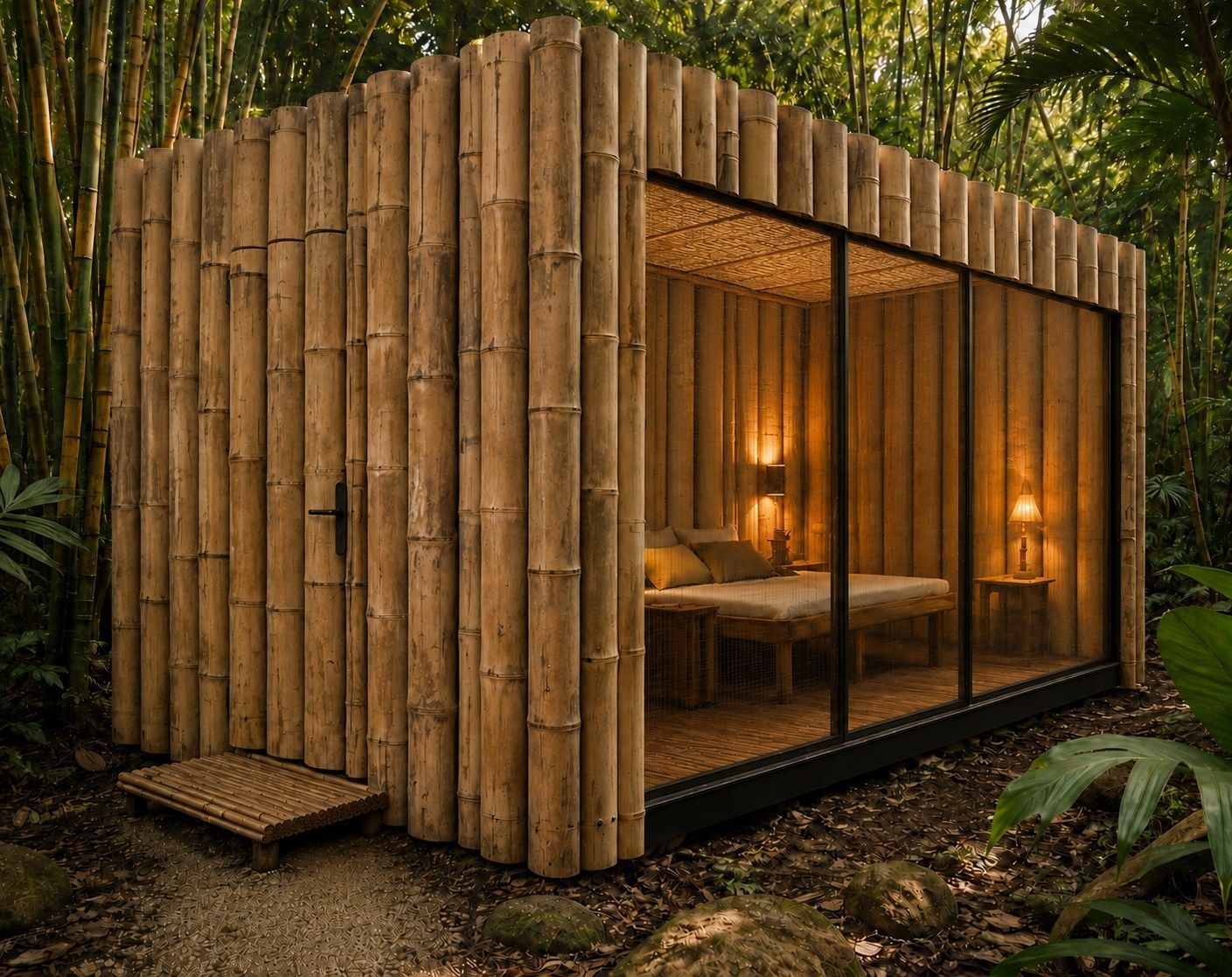Bamboo DeployPod equipment design with sliding glass doors in the jungle
