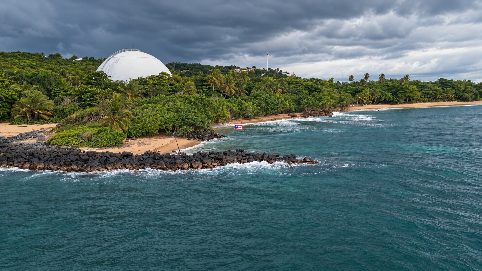 Rincón coastline with palm-lined beaches and the white dome