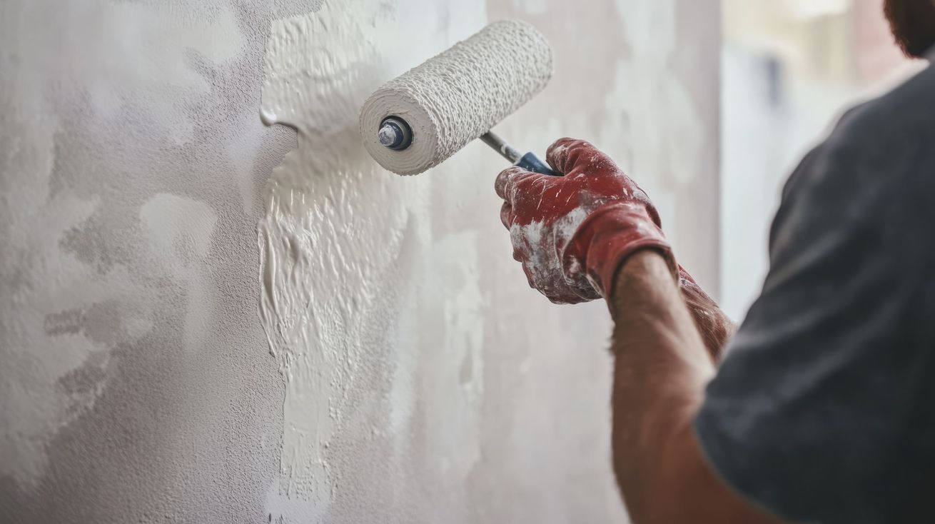 Peinture d’un mur intérieur à l’aide d’un rouleau.