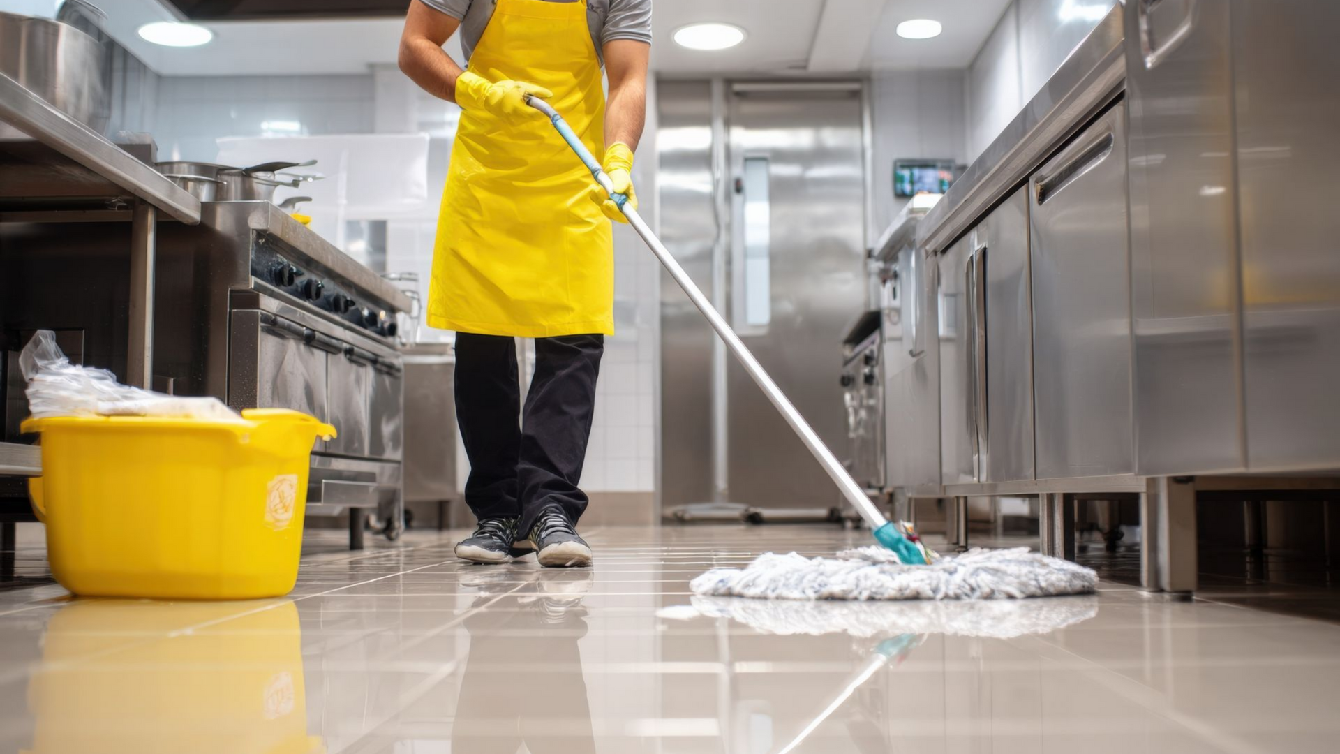 Agent de nettoyage passant la serpillière dans une cuisine professionnelle.