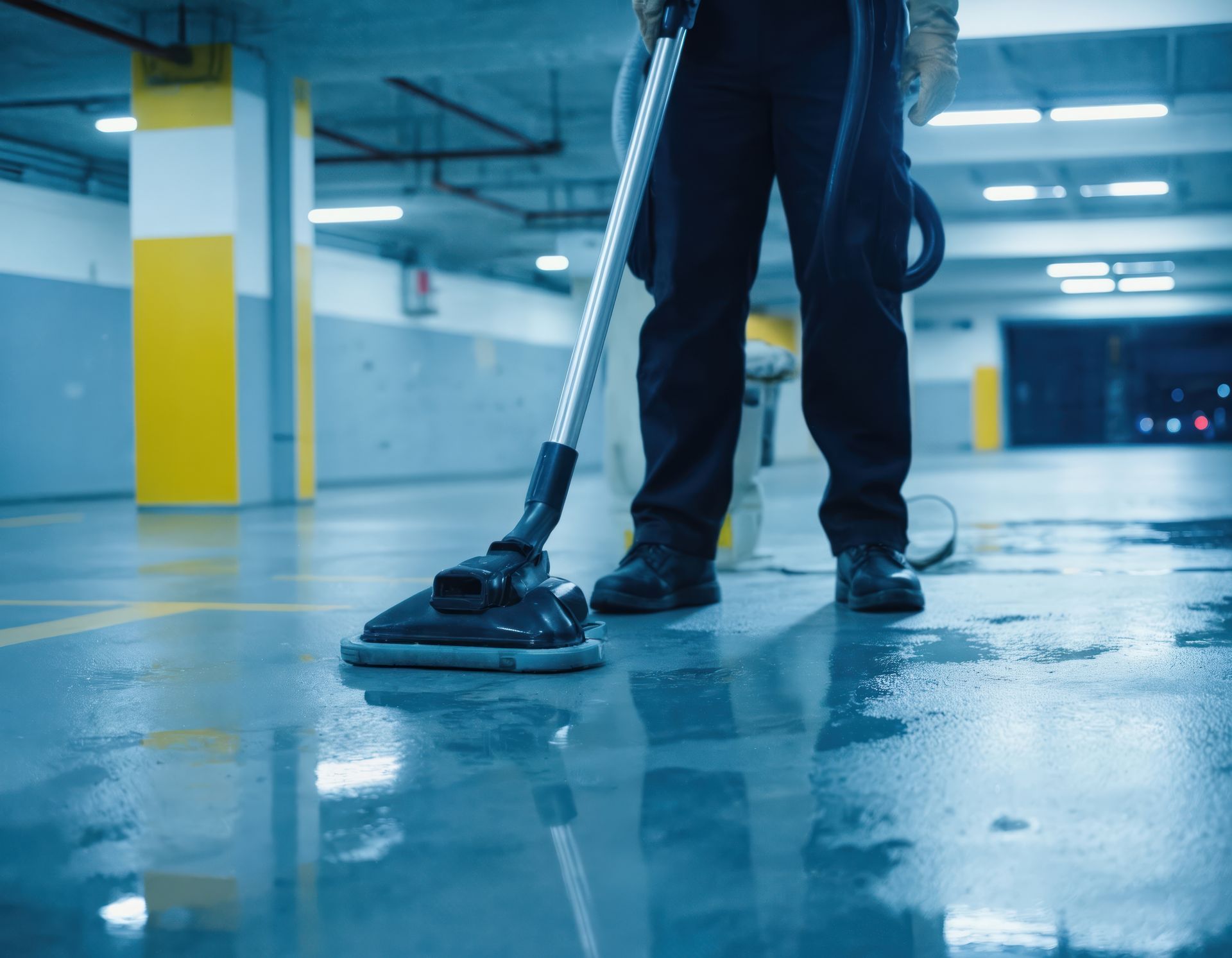 Nettoyage du sol d’un parking souterrain avec une monobrosse.