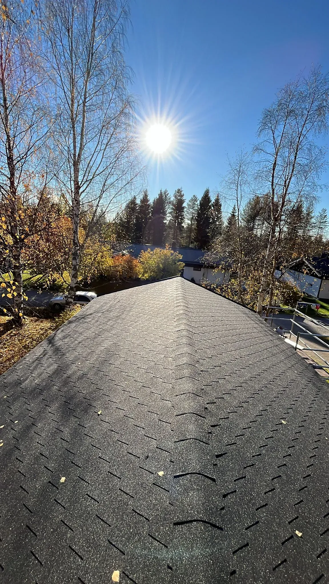 Aurinko paistaa tumman katon, puiden ja sinisen taivaan yli.