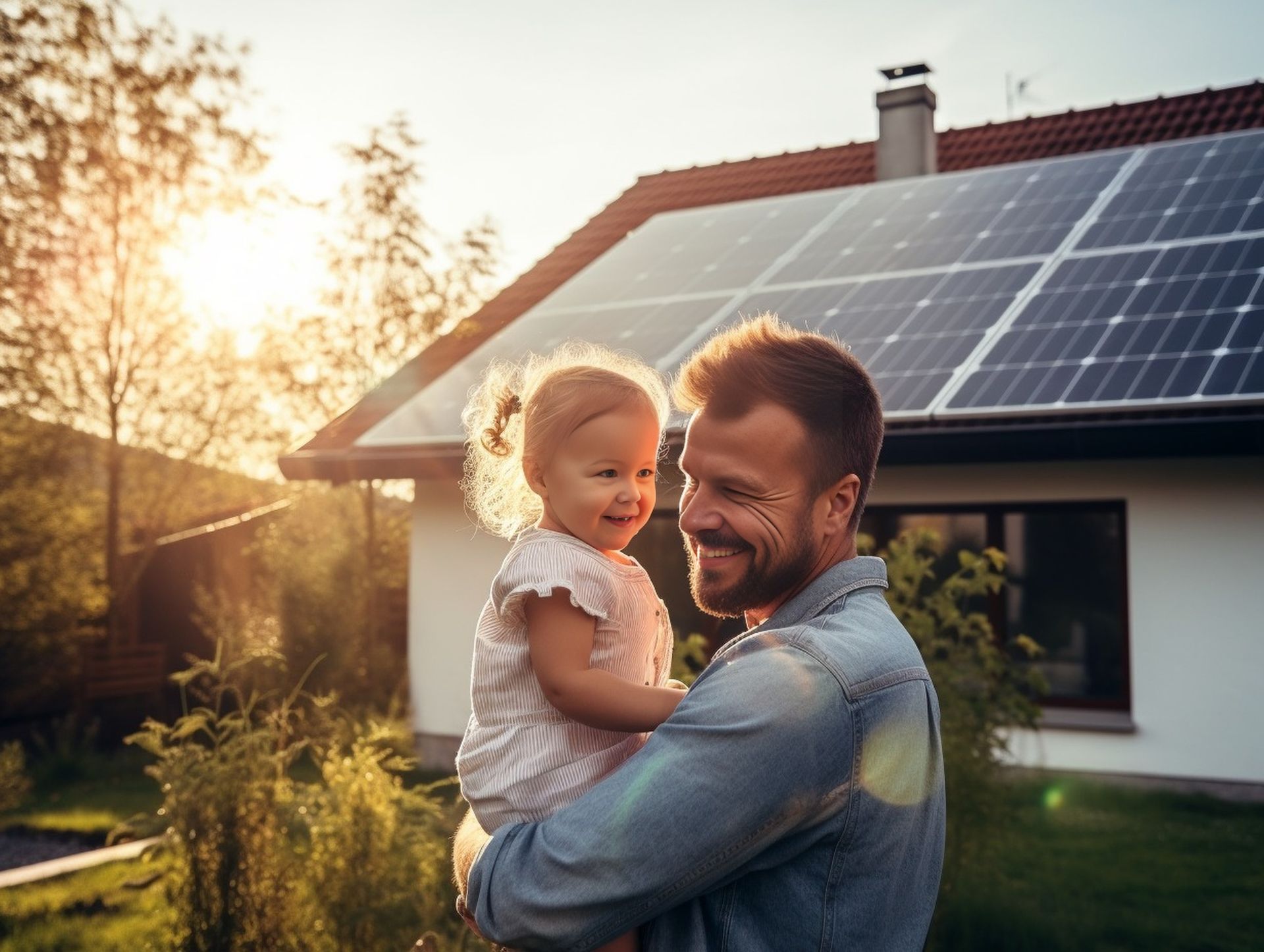 Un père avec sa fille devant une maison avec des panneaux solaires