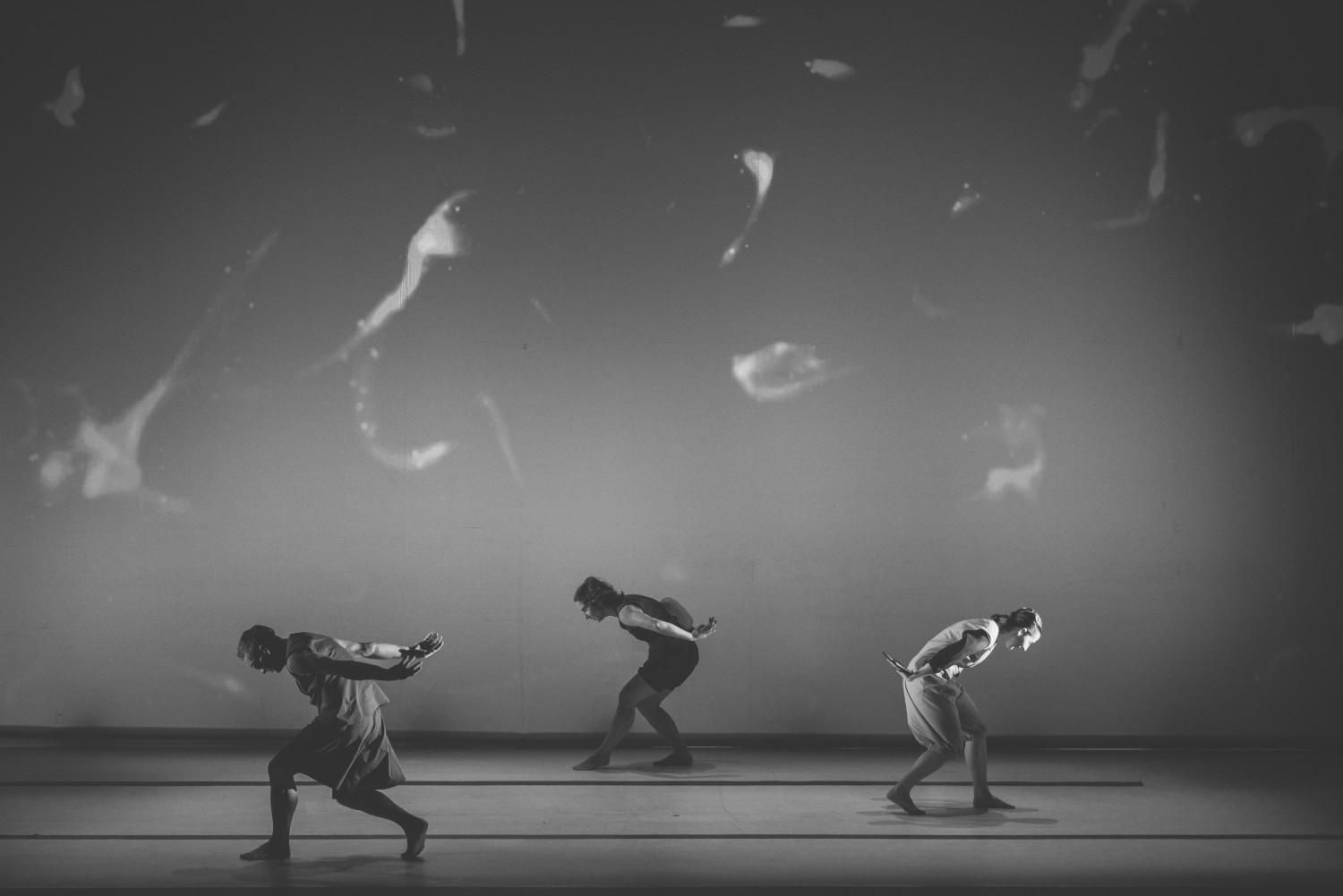 Tres bailarines se agachan en un escenario bajo una suave luz cenital, con formas abstractas flotando sobre un fondo gris.