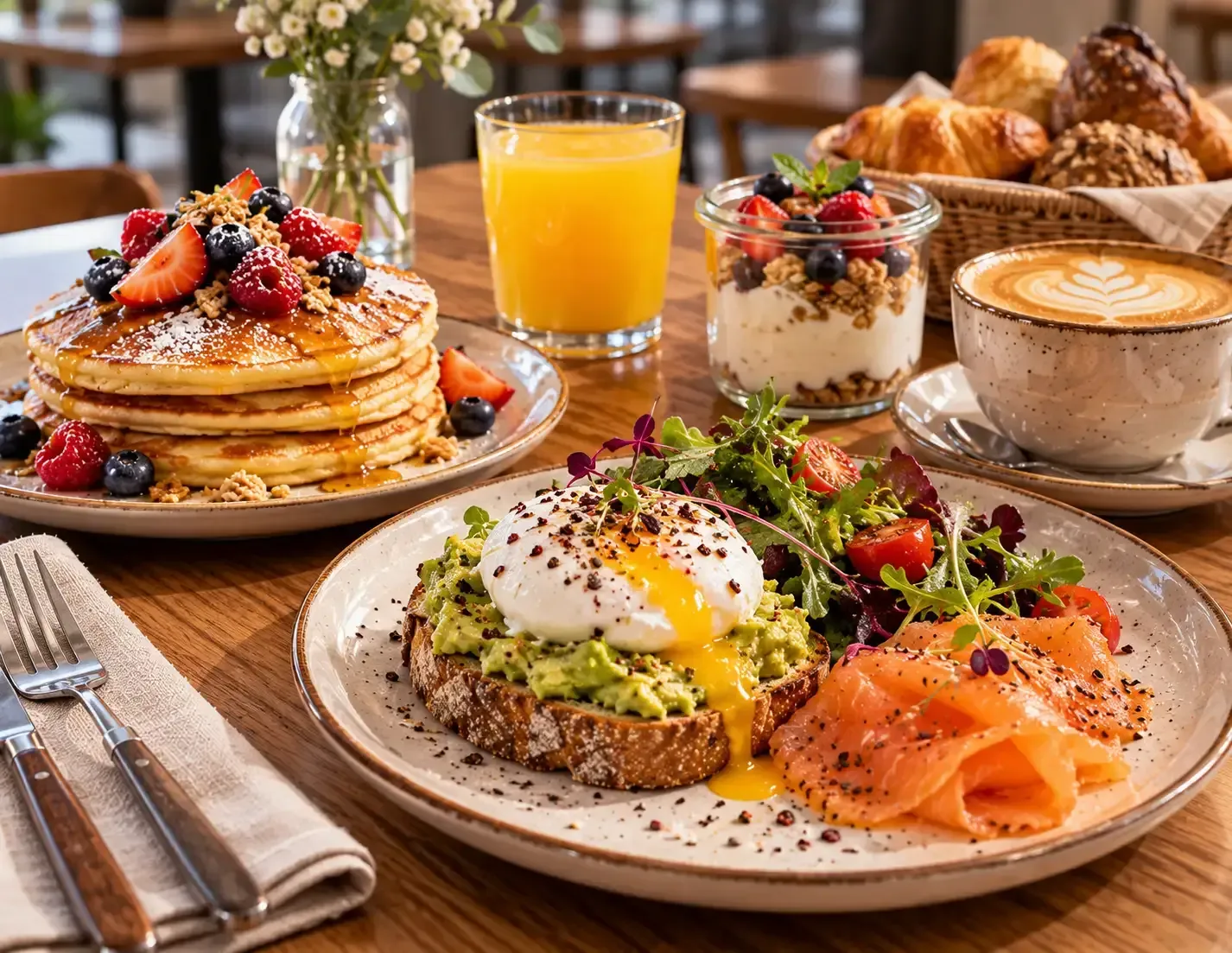 Mesa de brunch con tortitas, tostada de aguacate, huevos, salmón ahumado, fruta y zumo de naranja