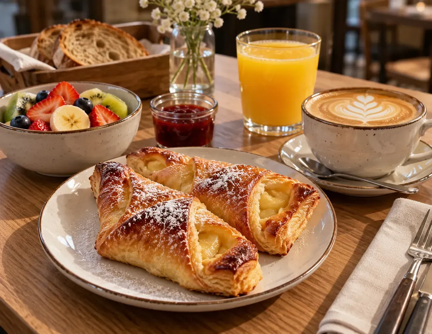Bollería, un bol de fruta, zumo de naranja y café en una mesa de desayuno con pan y mermelada.