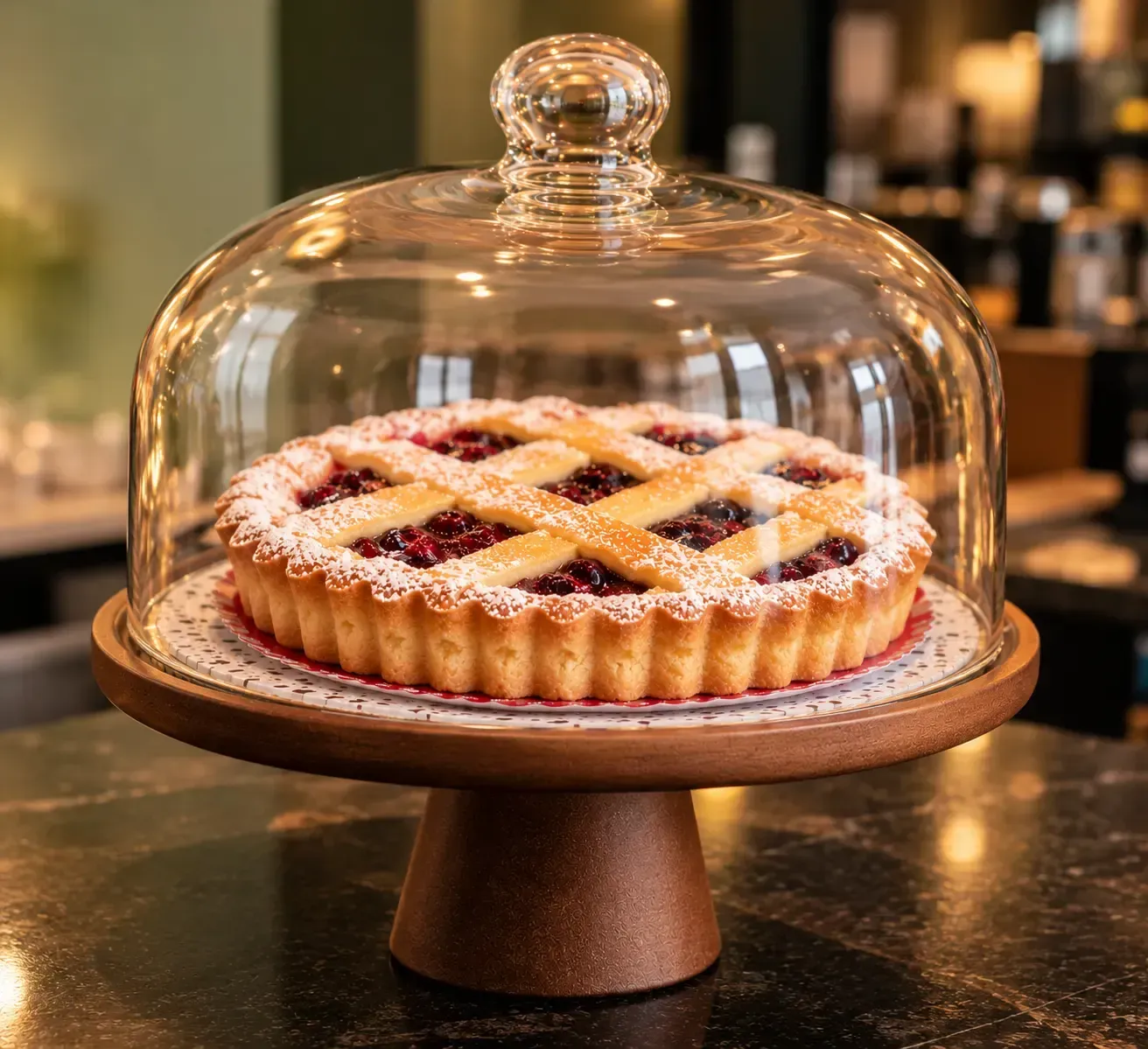 Tarta de cerezas con enrejado, bajo una campana de cristal sobre un soporte para pasteles en el mostrador de una cafetería