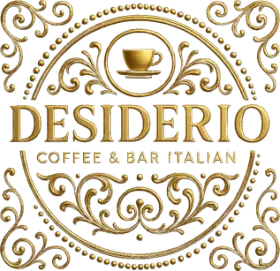 Logotipo dorado y ornamentado para DESIDERIO Coffee & Bar Italiano, con un pequeño icono de taza sobre un fondo blanco
