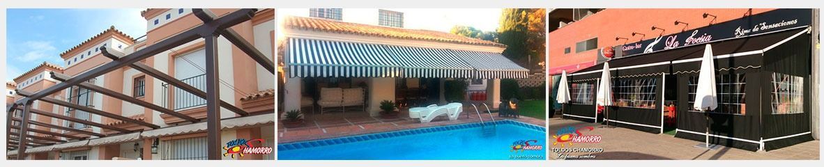 Un collage de tres fotografías de un edificio con una piscina al fondo.