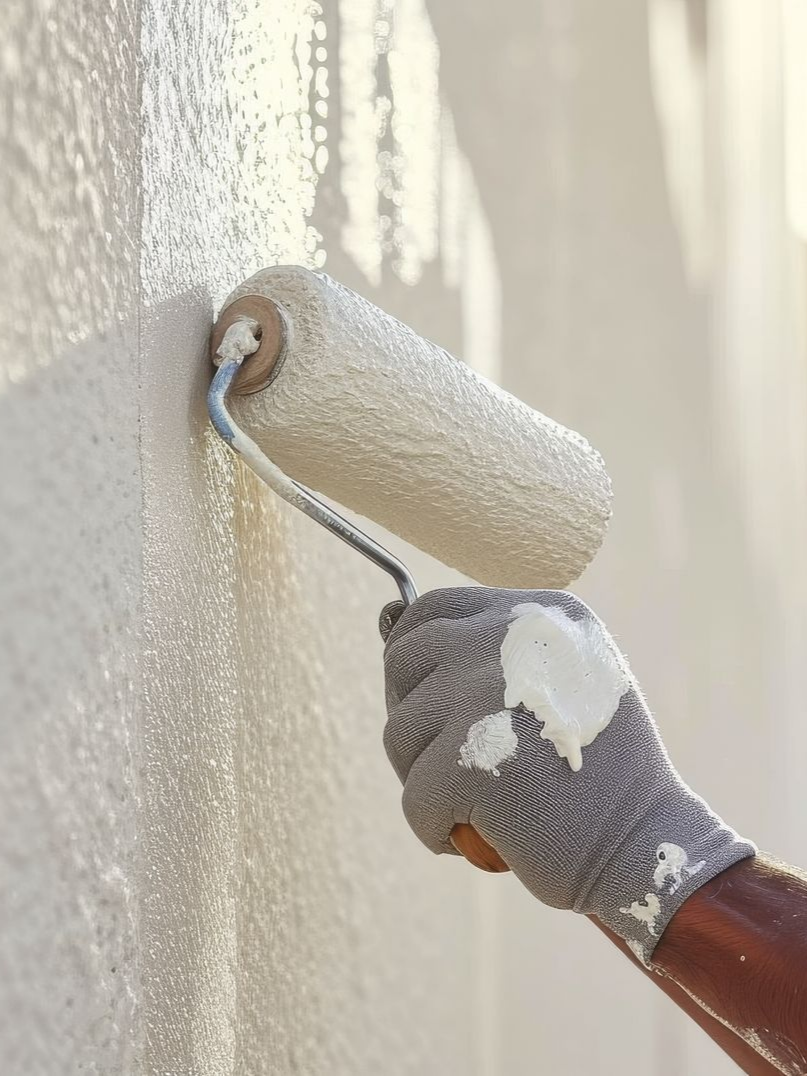 Une personne peint un mur au rouleau, portant un gant taché de peinture. Peinture blanche sur le mur.