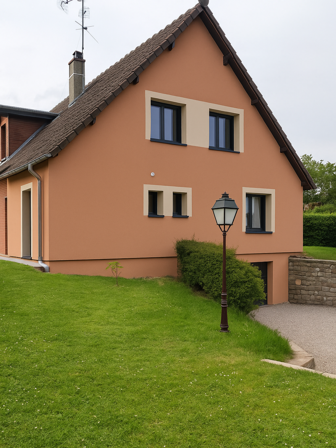 Maison orange aux fenêtres à encadrement noir, cheminée en briques et lampadaire sur une colline herbeuse.