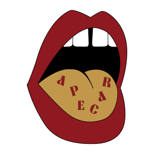 Boca abierta con labios color granate y lengua dorada; 