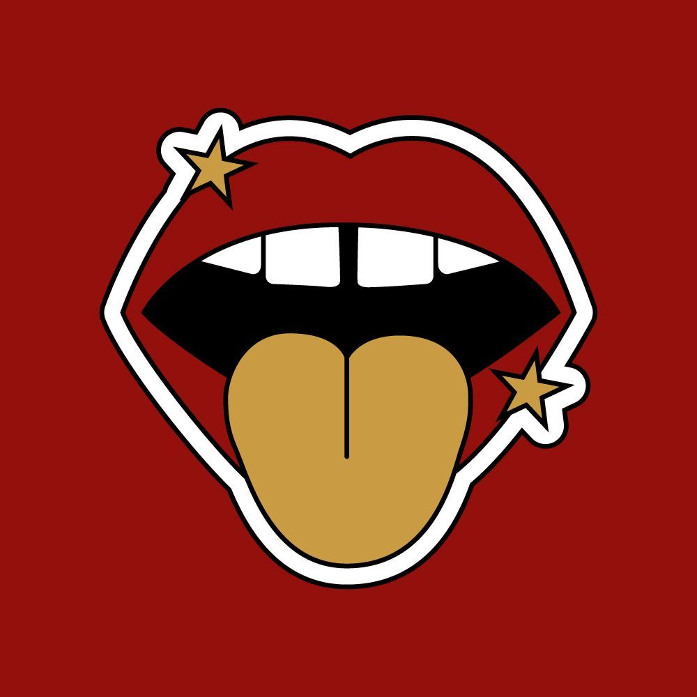 Boca abierta con lengua dorada sobresaliendo, dientes blancos, estrellas, fondo rojo.