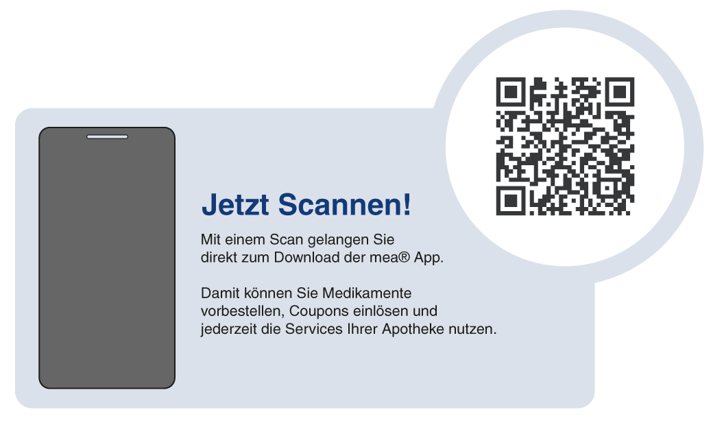 Jetzt Scannen: Smartphone Banner mit QR Code zum Runterladen der mea App