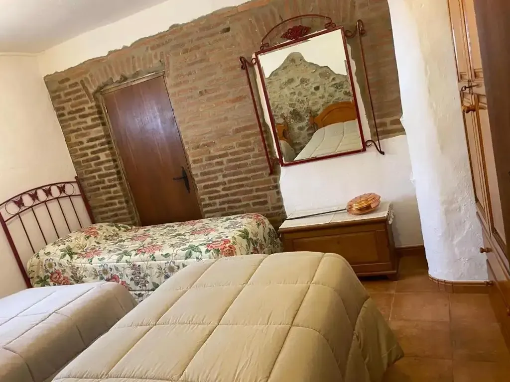 Dormitorio con dos camas individuales, pared de ladrillo, puerta de madera y un espejo que refleja una cama.