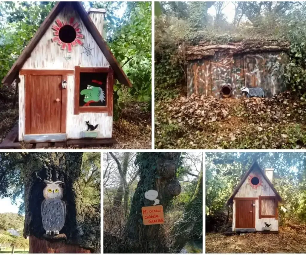 Un collage de cinco extravagantes casas de hadas de madera y arte de árboles en un entorno forestal.