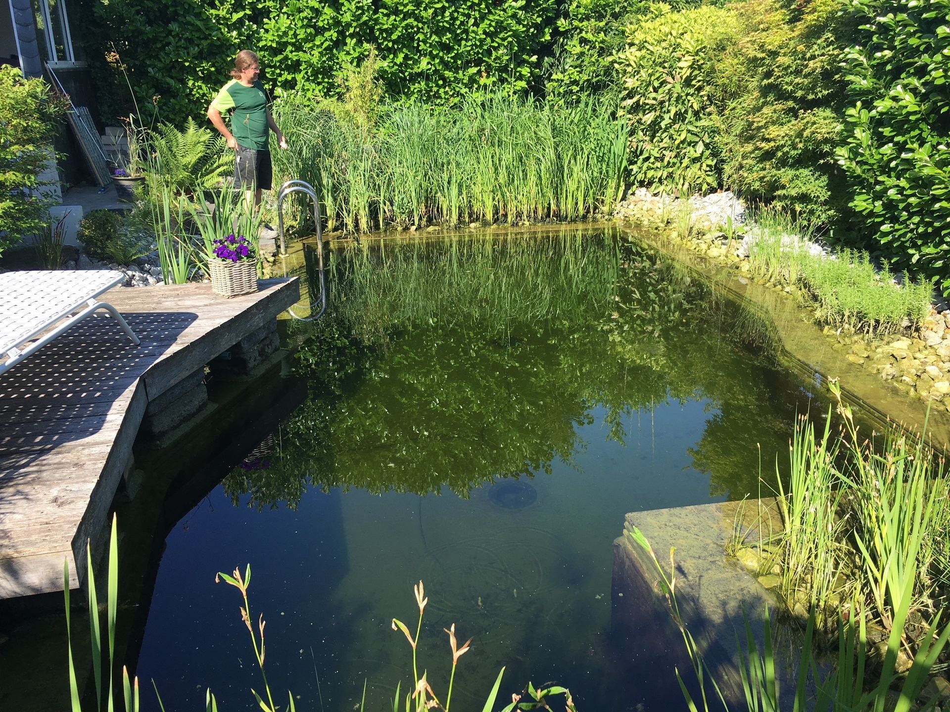 MW Gartenbau & Gartengestaltung GbR – Blick auf einen großen Teich, umgeben von Pflanzen und einer Terrasse, Person mit grüner Schürze im Hintergrund