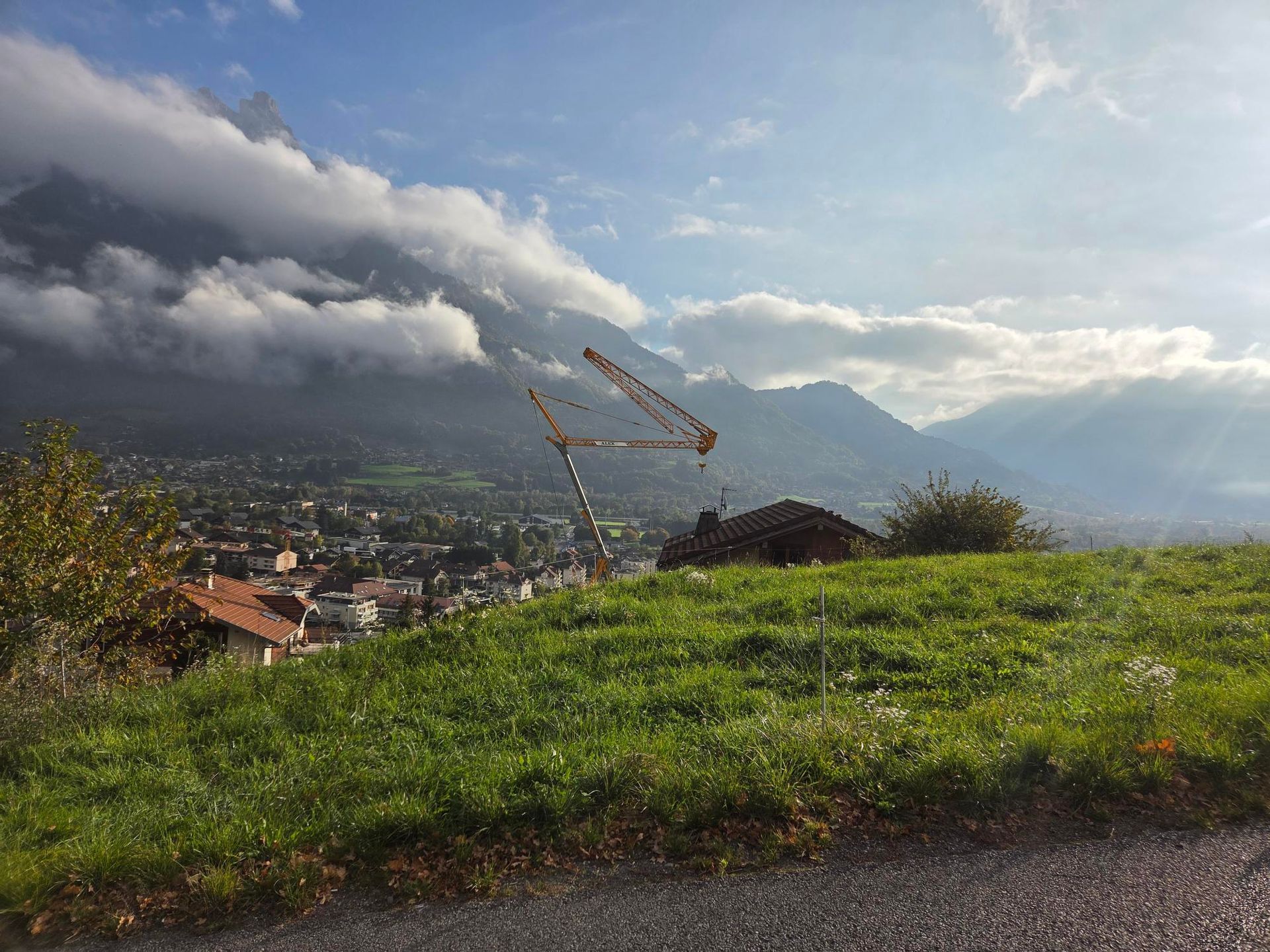 Une grue vue de loin, avec une colline verte en premier plan.