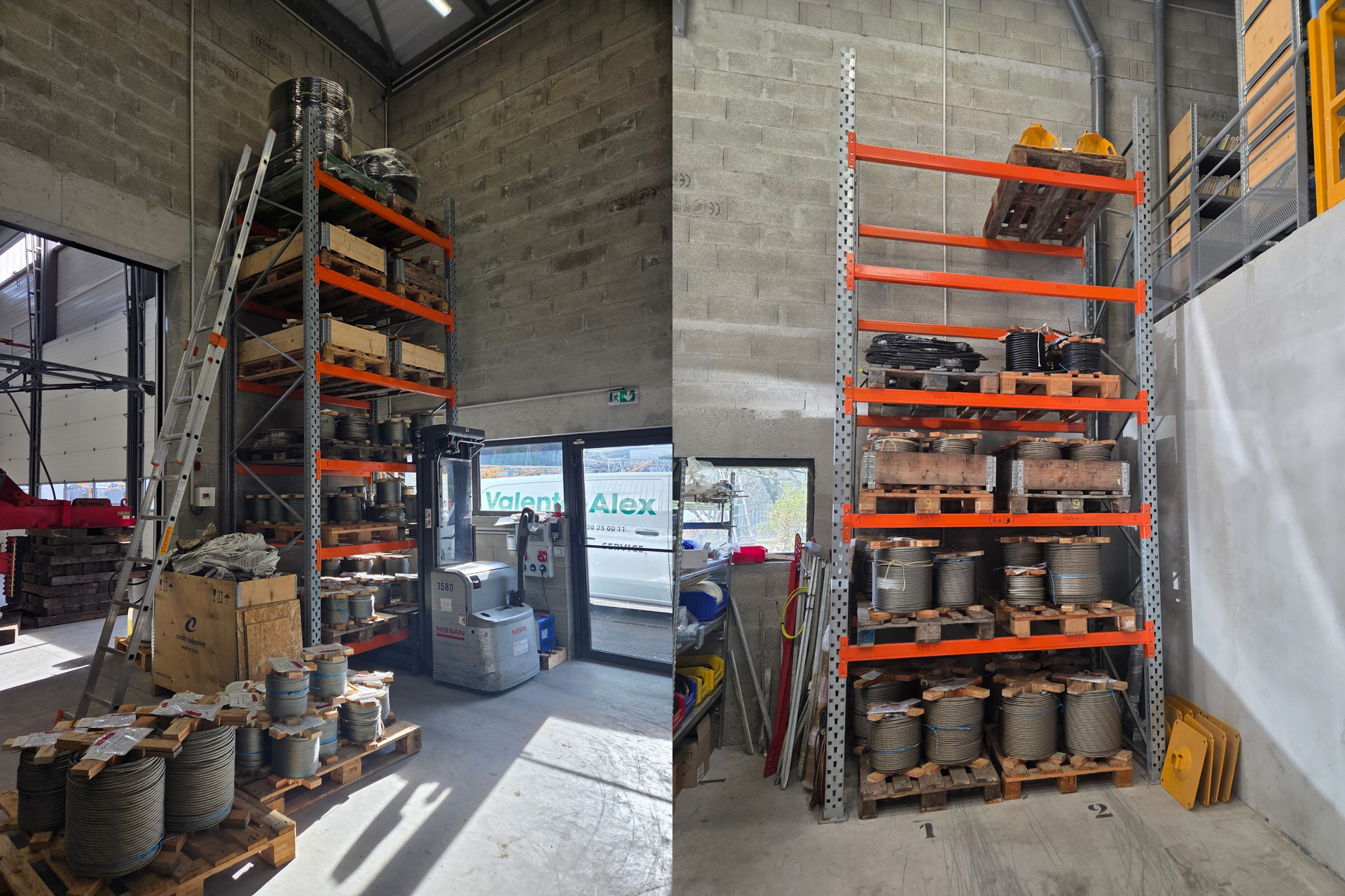 Des étagères comprenant des pièces de rechange pour grues.