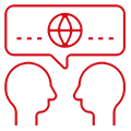 Icon zwei Köpfe mit Sprechblase und einer Weltkugel darin