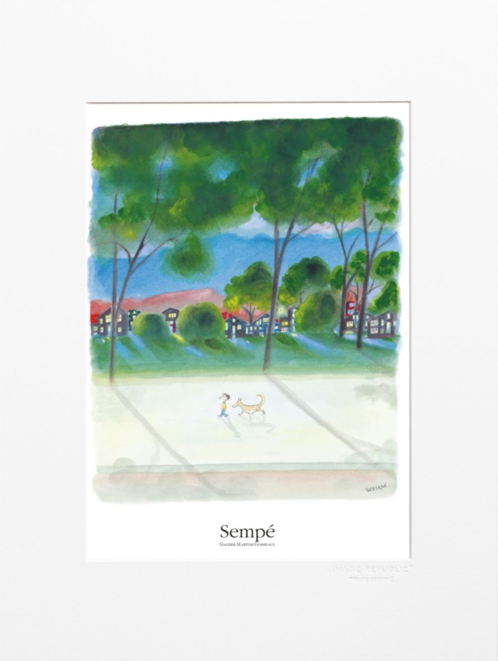 Dessin d'un enfant avec un chien dans un parc