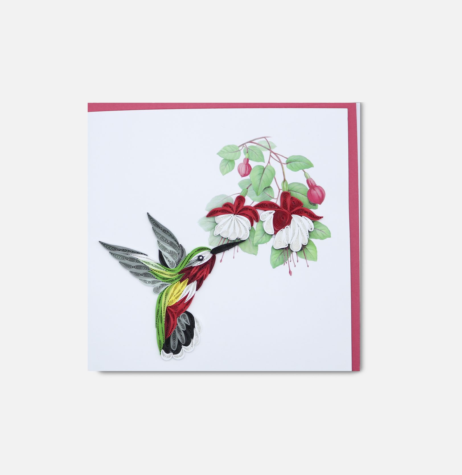 Dessin d'un oiseau rouge, jaune et vert en train de butiner une plante